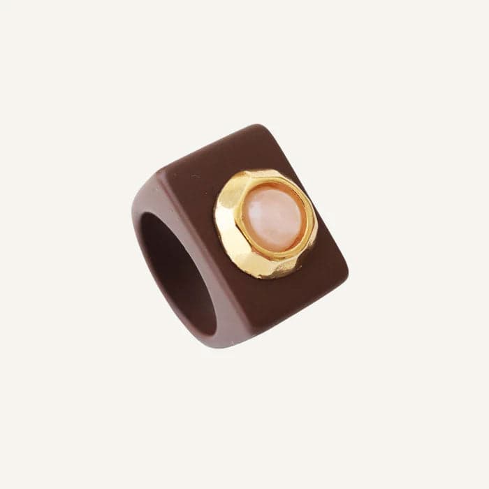 Anillo marrón con oro y cuarzo rosa - LATTE